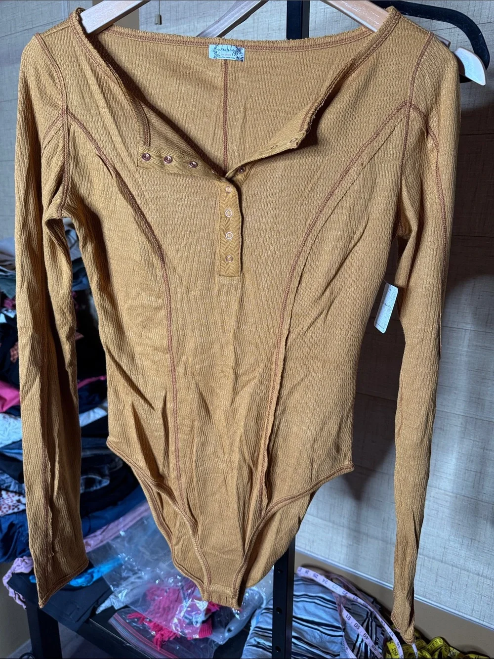 NWT Free People Intimately FP Sloane Thermal Snap Henley Bodysuit Amber Sz Small